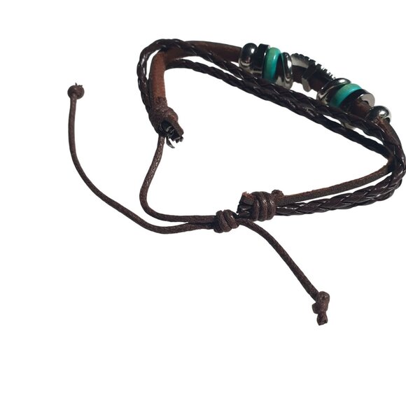 Brown Leather Bracelet Beads Silver Tone Adjustable Boho Design Handmade Unique - Picture 3 of 4